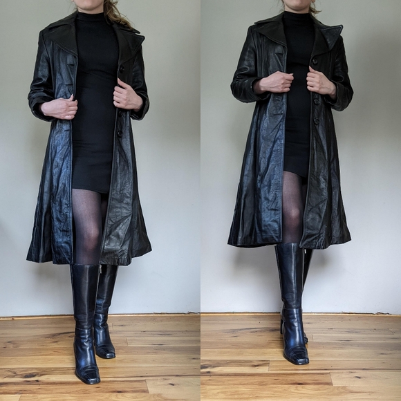 Vintage Black Leather Trench Coat - Picture 4 of 6